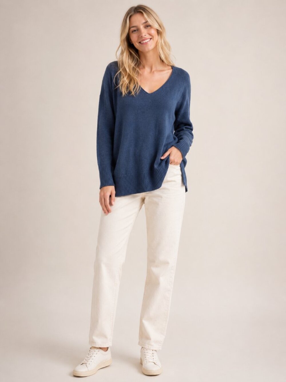 Eileen Fisher V-Neck Tunic Sweater Navy Organic Cotton Large #A2334